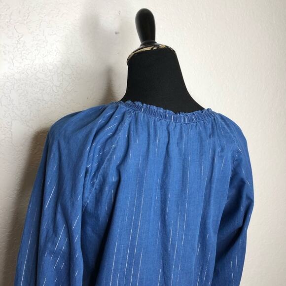 WHBM blue demin metallic striped ruffle trim top size Medium - Picture 9 of 12